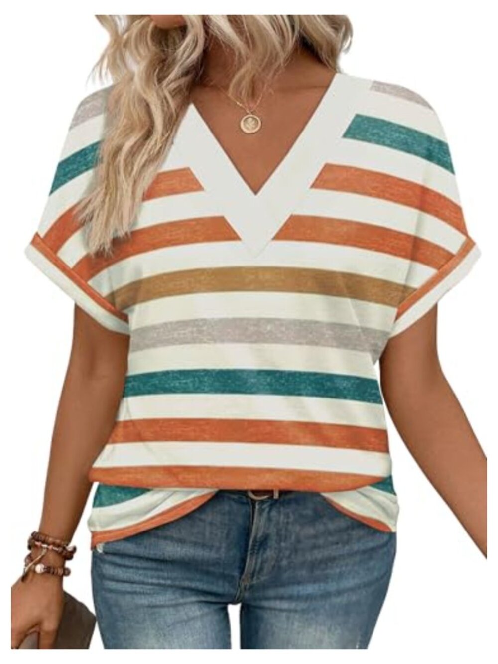 Women's V Neck Rolled Sleeve Striped T Shirt Casual Summer Top Dolman